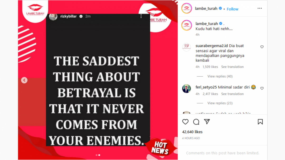 Rizky Billar curhat soal pengkhianatan