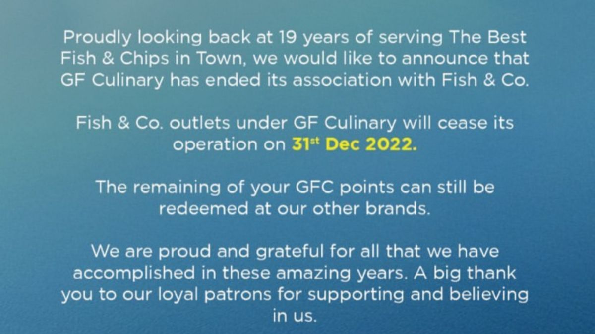 Restoran Fish & Co umumkan akan menutup gerainya di akhir tahun 2022 [Instagram/@fishncoindo]