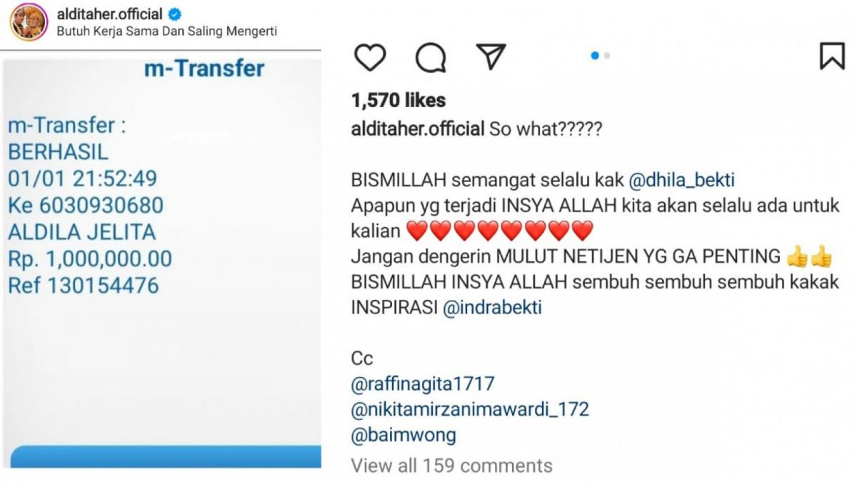 Bukti transfer dari Aldi Taher ke Aldila Jelita [Instagram/@alditaher.official]