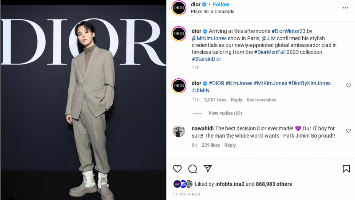 Potret Jimin BTS Hadiri Acara Dior Men's Fall 2023 di Paris [Instagram/@dior]