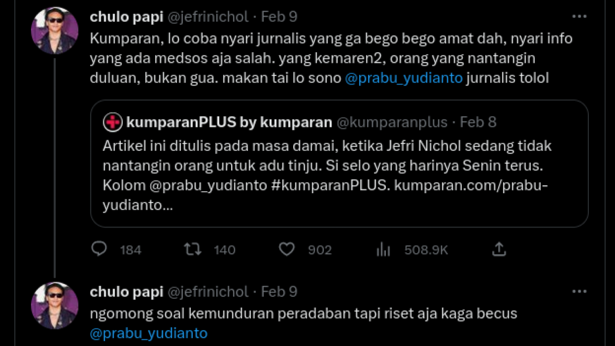 Jefri Nichol Damprat Penulis Media Online [Instagram/@chulo papi]