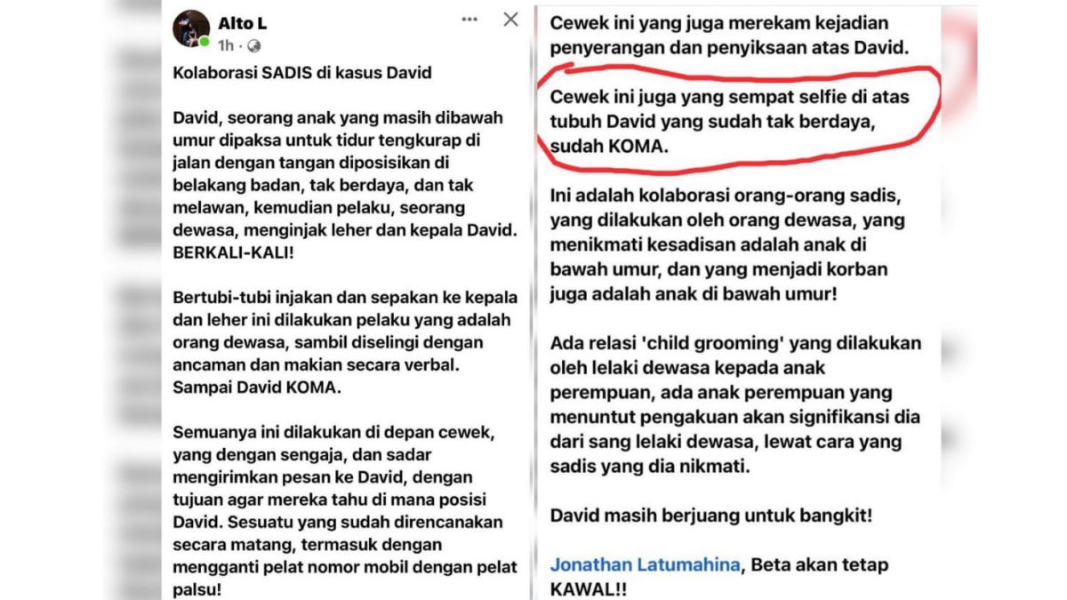 Kronologis penganiayaan David [Akun Facebook Alto L]