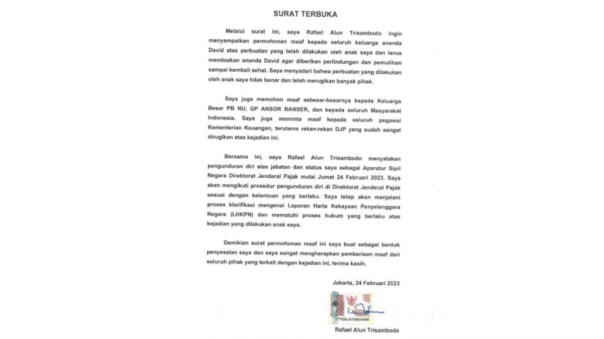 Surat terbuka yang di buat Rafael Alun Trisambodo [Tangkap layar akun Instagram @azazeldiablos]