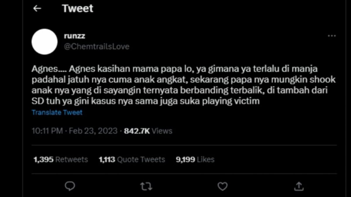 Tangkap layar cuitan akun  yang mengaku teman satu gereja Agnes Gracia Haryanto [Twitter @ChemtrailsLove]