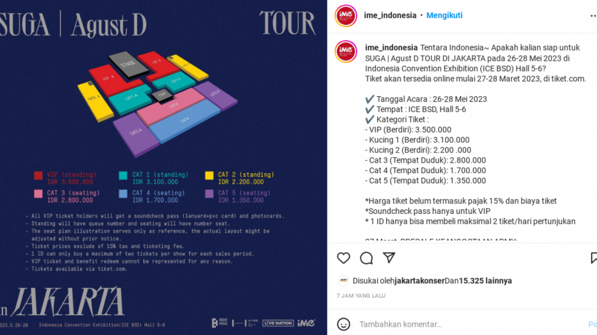 Harga Tiket Konser Suga BTS di Indonesia [Instagram/@ime_indonesia]