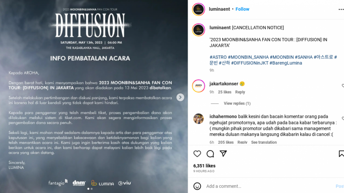 Pernyataan pembatalan event '2023 Monbin&Sanha Fan Con Tour: Diffusion in Jakarta' [Instagram/@luminaent]