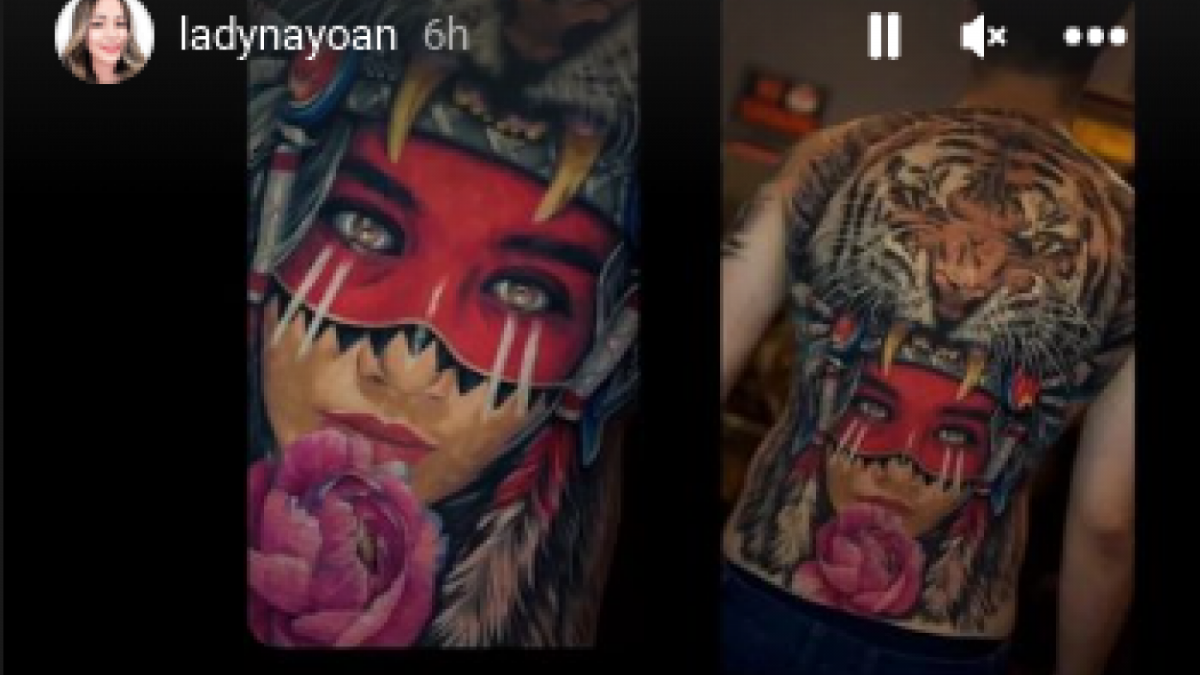 Tato wajah Syahnaz Sadiqah di punggung Rendy Kjaernett [Instagram/@ladynayoan]