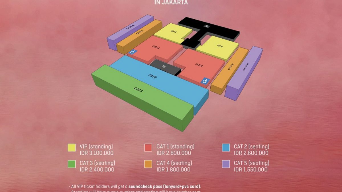 Harga tiket dan seat plan konser TXT pada 9 Agustus 2023 di Beach City International Stadium, Ancol, Jakarta Utara. [Tiket.com]