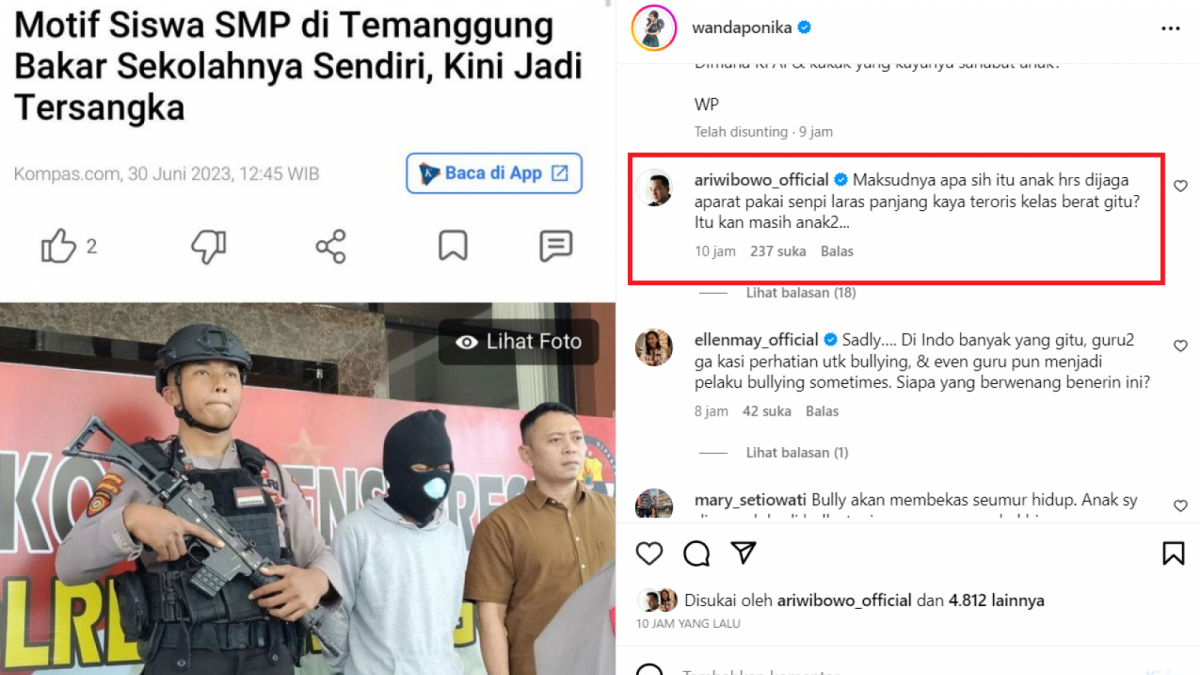 Ari Wibowo beri komentar gambar polisi kawal siswa tersangka pembakaran sekolah dengan membawa laras panjang. [Instagram @wandaponika]
