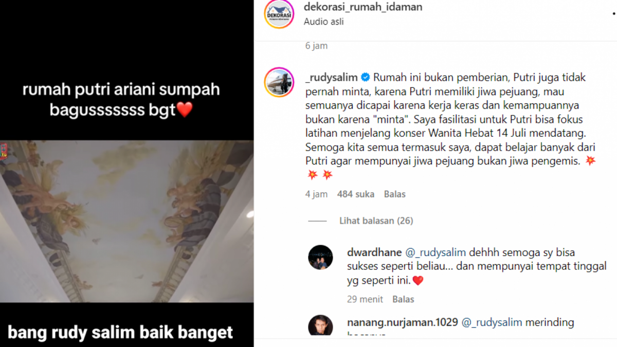 Klarifikasi Rudy Salim soal rumah mewah untuk Putri Ariani [Tangkapan layar Instagram @dekorasi_rumah_idaman]