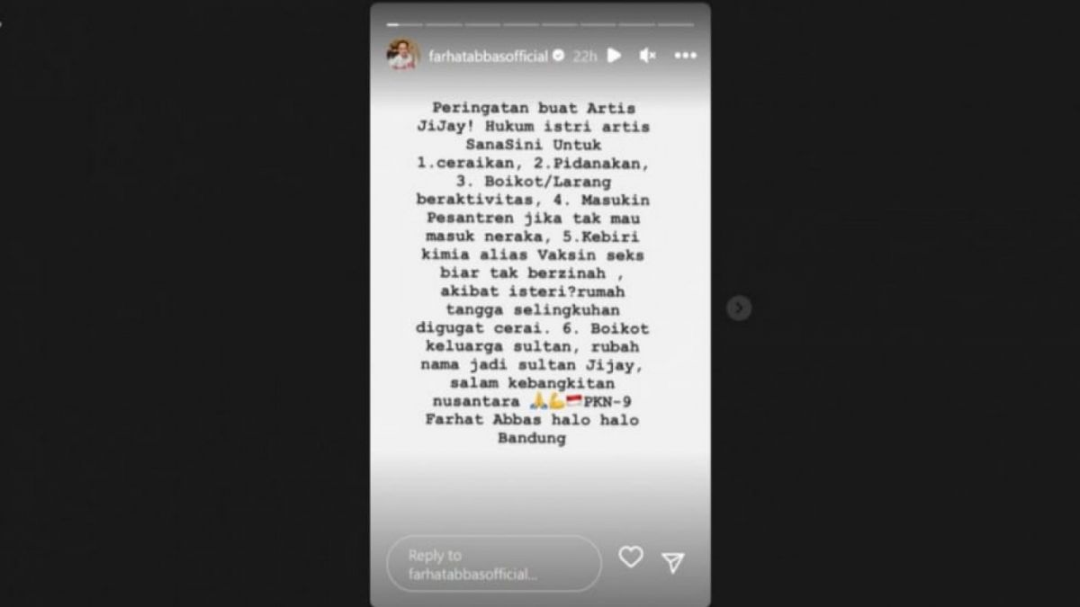 Tangkap layar Instagram Stories Farhat Abbas [Instagram/@farhatabbasofficial]