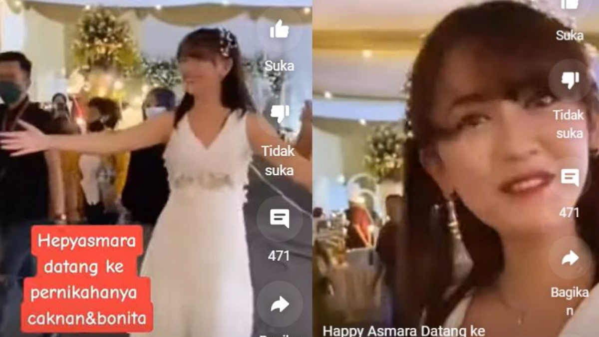 Foto kolase Happy Asmara saat datang ke resepsi pernikahan Denny Caknan dan Bella Bonita [Reels @anggiekinanblitar6851]