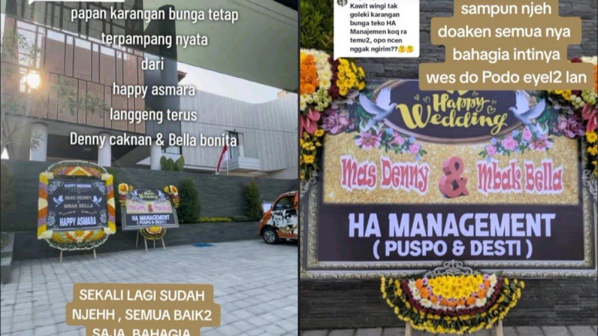 Karangan bunga Happy Asmara untuk Denny Caknan dan Bella Bonita terpampang selama resepsi berlangsung [TikTok @dcbb.story]