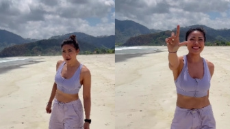 Pakai Baju Ungu di Tepi Pantai Lombok, Inge AnugrahTersenyum Bahagia Usai Resmi Jadi Janda Ari Wibowo