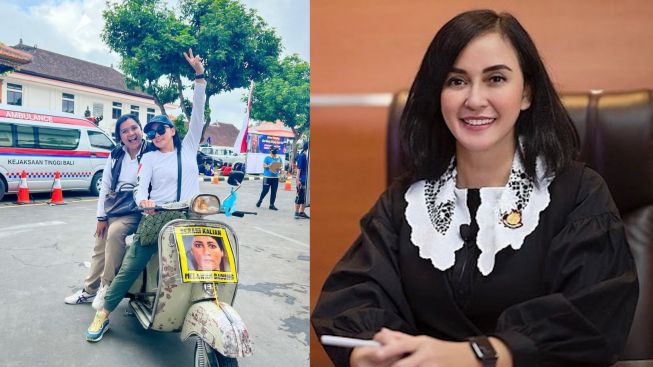 Jaksa Cantik Yuliana Sagala Berpose di Atas Vespa Ada Poster Suzzanna