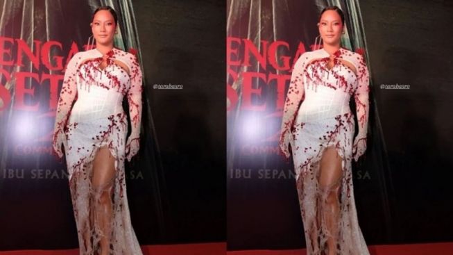 Baju Tara Basro di Gala Premiere Pengabdi Setan 2: Communion, Terinspirasi dari Kain Kafan.