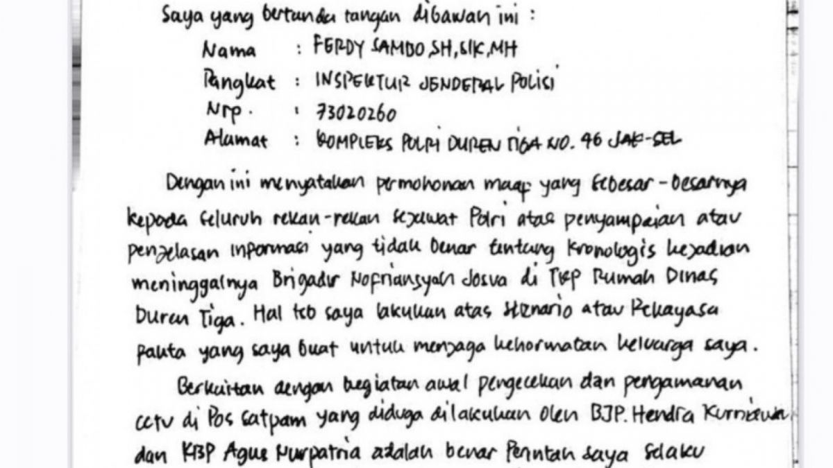 Surat pernyataan tulisan tangan Ferdy Sambo. [Instagram Story @sealisyah]