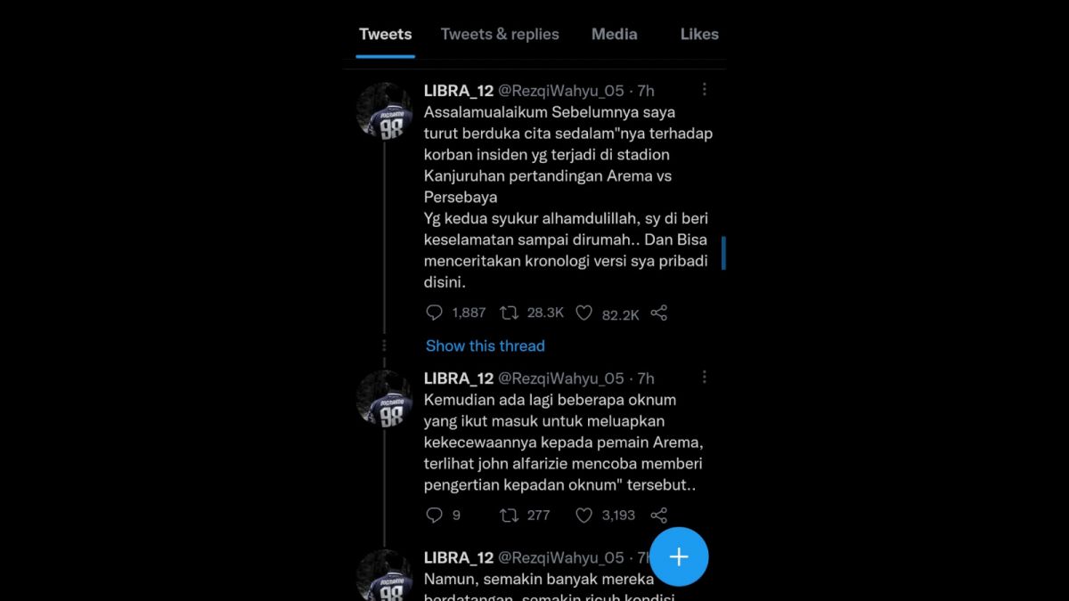 thread twitter kronologi tragedi Kanjuruhan oleh salah seorang suporter Arema FC [twitter / @RezqiWahyu-05]