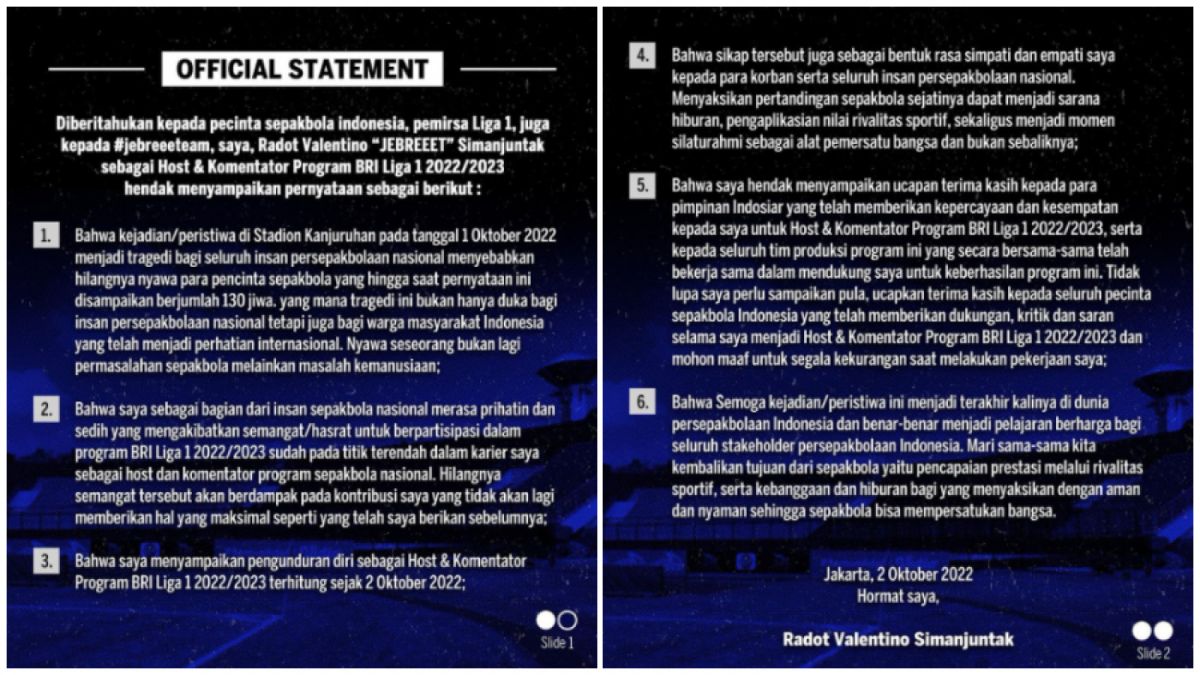 Radot Valentino Jebret Simanjuntak mundur jadi host dan komentator BRI Liga 1 [instagram @radotvalent]