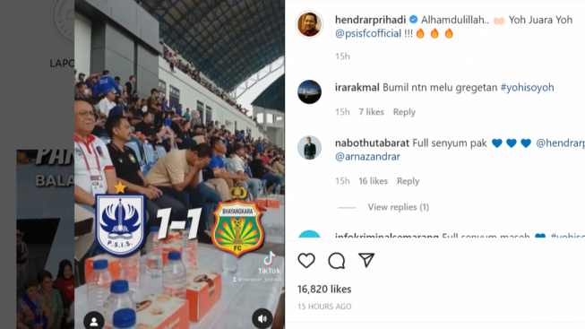 PSIS Menang Adu Penalti Lawan Bhayangkara FC, Ekspresi Walikota Semarang Jadi Sorotan
