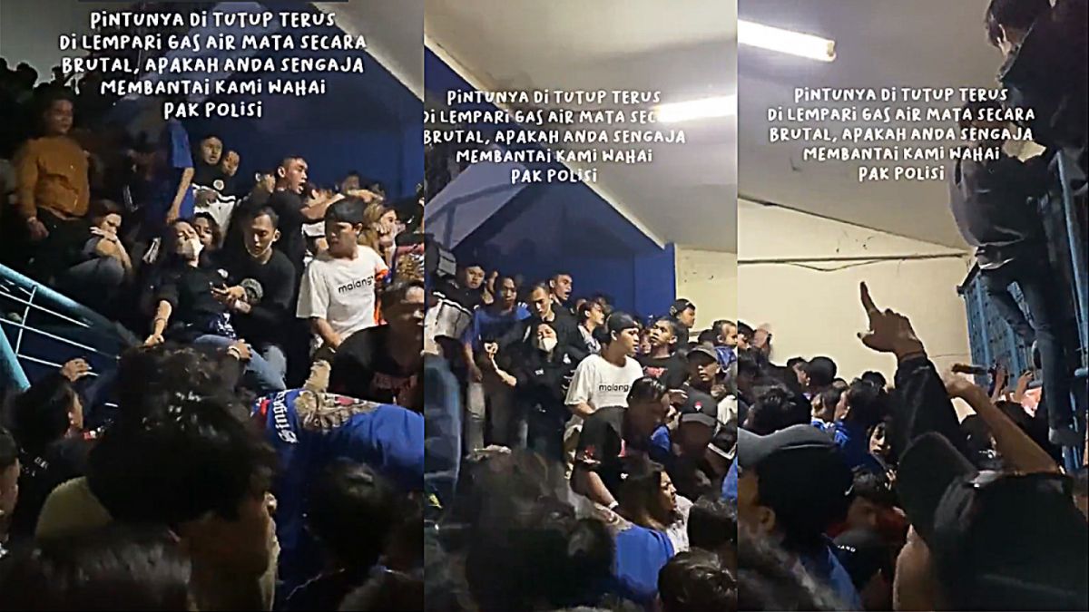 Kolase tangkapan layar video suporter arema yang berdesakan karena terjebak akibat pintu keluar yang terkunci [twitter/RNgejer]