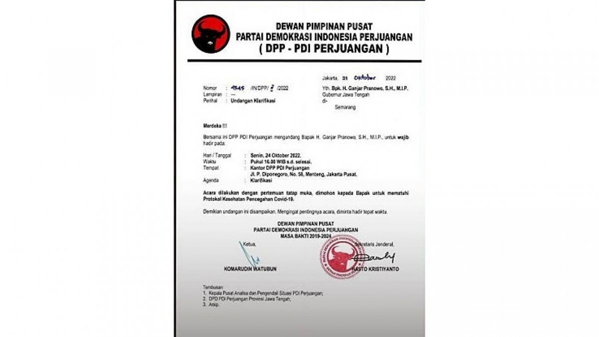 Surat pemanggilan Ganjar Pranowo oleh DPP PDI Perjuangan tertanggal 24 Oktober 2022 pukul 16.00 WIB. [ist]
