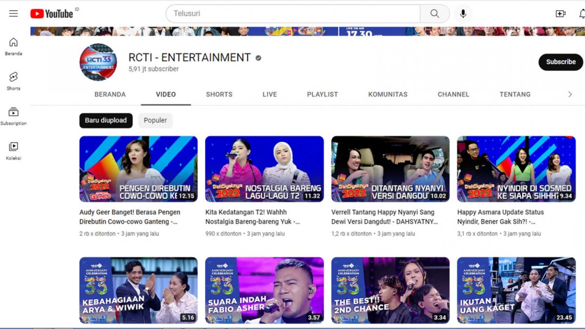 Kanal Youtube RCTI-Entertainment [tangkapan layar]
