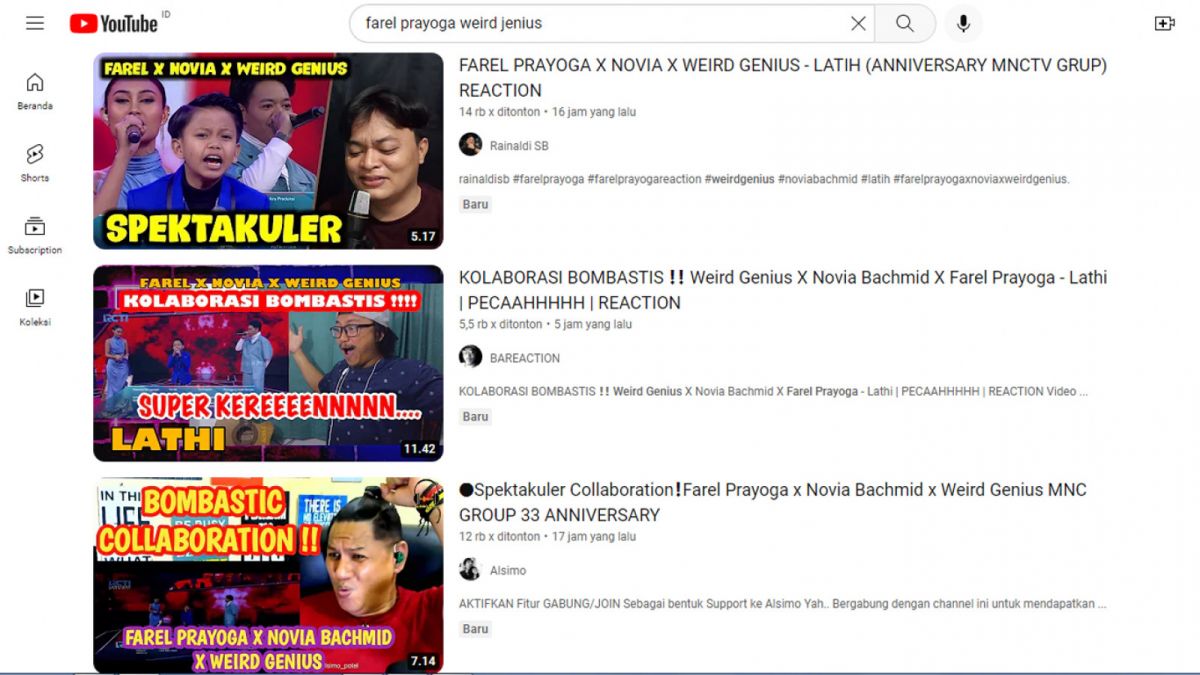 Tangkapan layar video reaction Farel Prayoga bawakan lagu Lathi berkolaborasi dengan Novia Bachmid dan Weird Genius [Youtube]