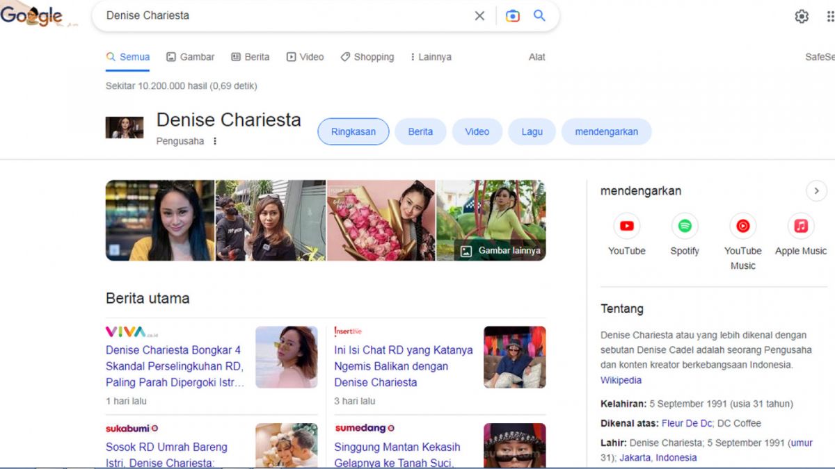 Denise Chariesta dalam laman pencarian google [tangkapan laya google]