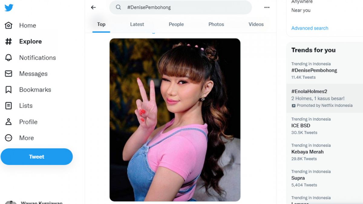 Tangkapan layar tagar #DenisePembohong trending topic di Twitter, Sabtu (5/11/2022). [Twitter]