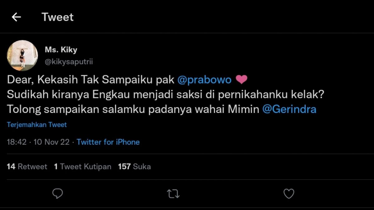 Cuitan Kiky Saputri minta Prabowo Subianto menjadi saksi pernikahannya di twitter. [tangkapan layar twitter]