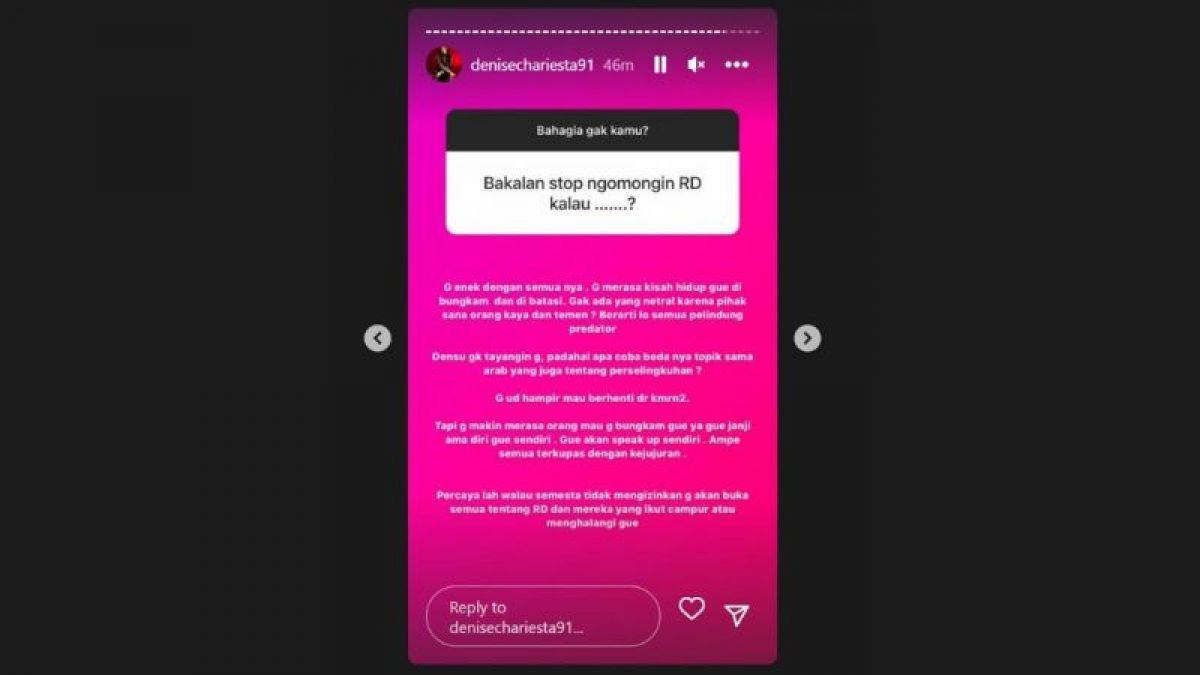 Unggahan Denise Chariesta InstaStory setop cuap tentang RD [Instagram]