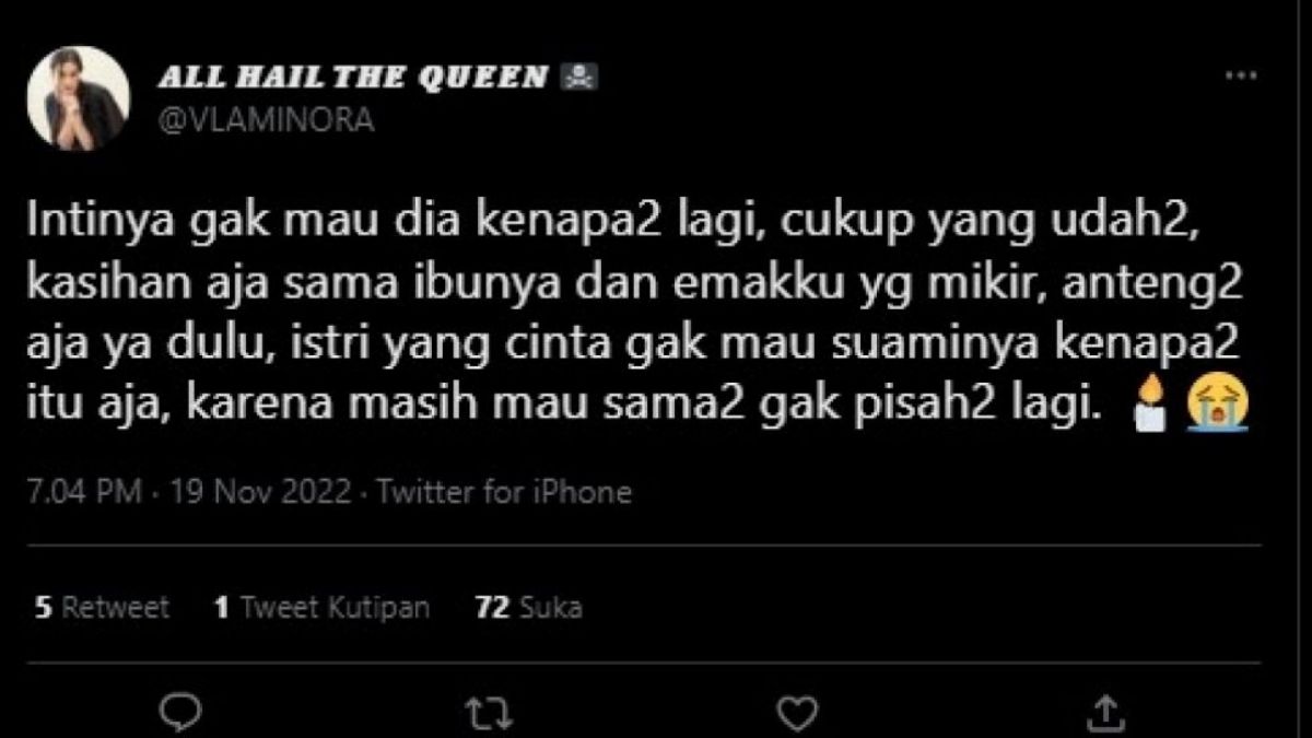 Tangkapan layar cuitan Nora Alexandra, istri Jerinx SID [Twitter/vlaminora]