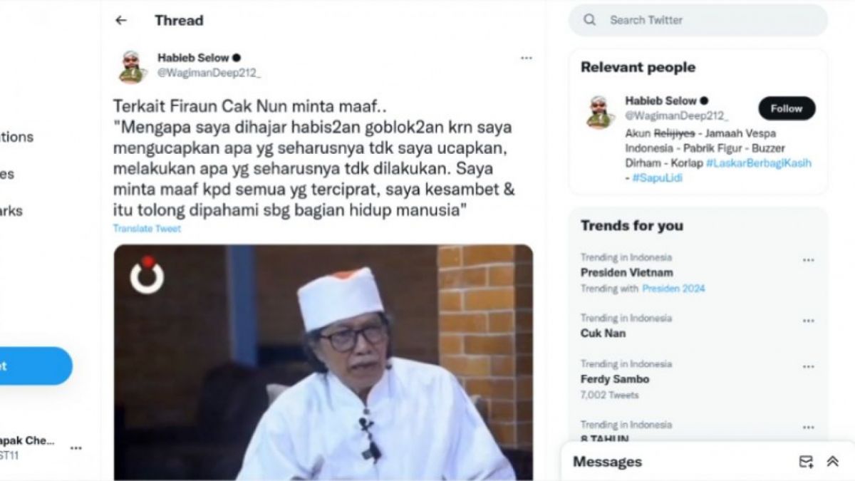 Tangkapan layar Cak Nun meminta maaf secara terbuka (twitter/@WagimanDeep212_)