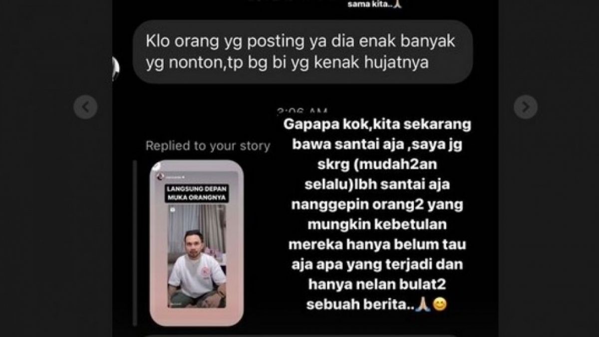 Tangkapan layar instastory Rizky Billar menanggapi penggemar yang menasehati dan menegurnya. [Instagram]