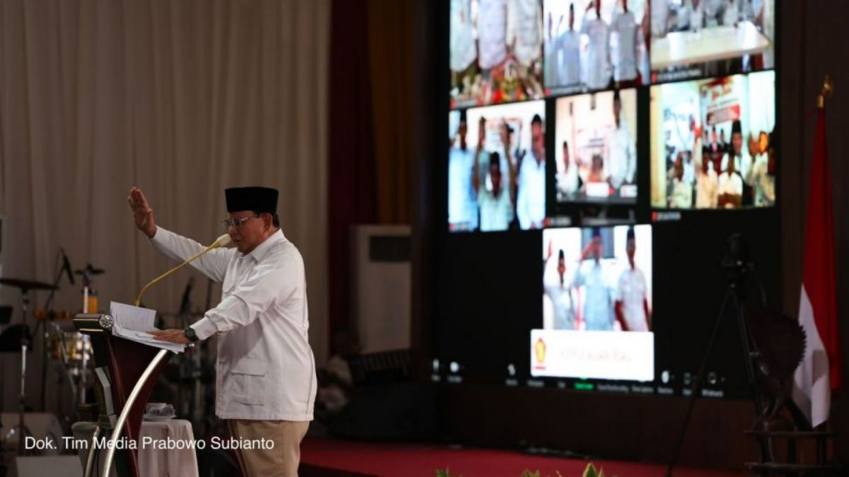 Ketua Umum Partai Gerindra Prabowo Subianto saat berpidato pada acara HUT ke-15 Partai Gerindra di DPP Partai Gerindra, Jalan Harsono RM, Ragunan, Jakarta Selatan, Senin (6/2/2023). [Tim Dokumentasi Prabowo]