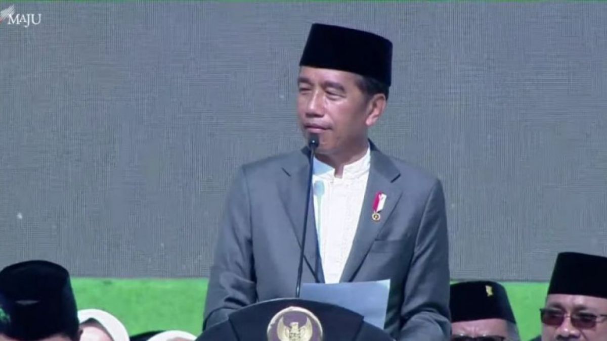 Tangkap layar Presiden Jokowi di  resepsi satu abad Nahdlatul Ulama (NU) di Stadion Delta Gelora Sidoarjo, Jawa Timur pada Selasa (7/2/2023). [(ANTARA/Desca Lidya Natalia)]