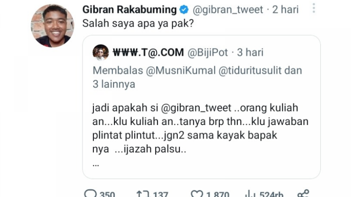 Tweet Balasan Gibran [Tangkapan layar/ twitter]