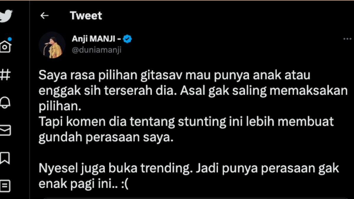 Tangkapan layar unggahan Anji Manji yang menanggapi ejekan Gita Savitiri alias Gitasav tentang stunting. [Twitter @duniamanji]