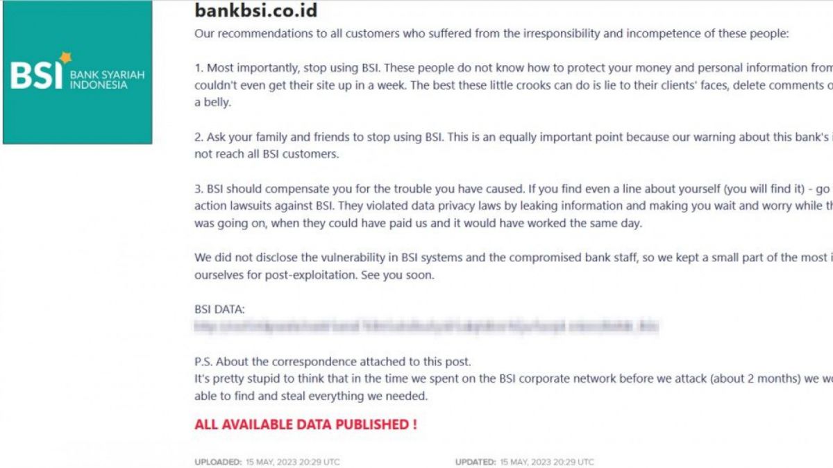 LockBit sebar data nasabah BSI ke dark web [Twitter]