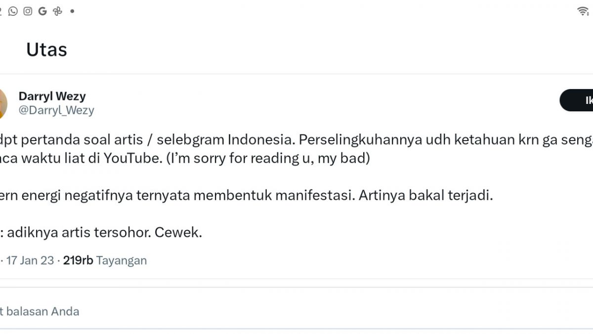 Cuitan prediksi Darryl Wezy terkait tanda perselingkuhan adik artis tersohor yang diduga Syahnaz Sadiqah dengan Rendy Kjaernett [Tangkapan Layar/Twitter]