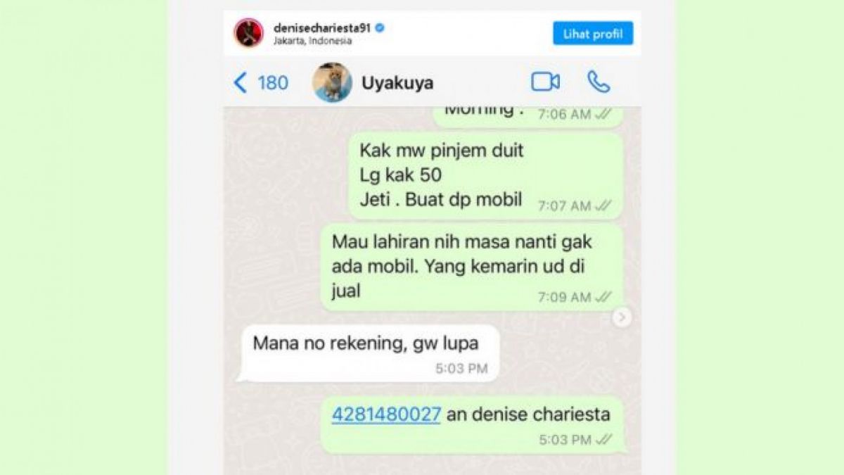Tangkapn layar percakapan Denise Chariesta dan Uya. [Instagram/denisechariesta]