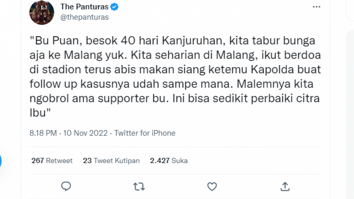 The Panturas kritik pedas Puan Maharani atas Tragedi Kanjuruhan [Twitter/Thepanturas]