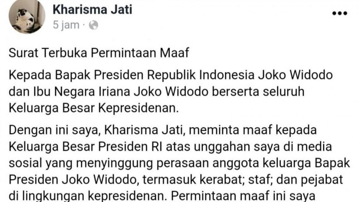 Permintaan maaf akun Kharisma Jati. (bidik layar Facebook)
