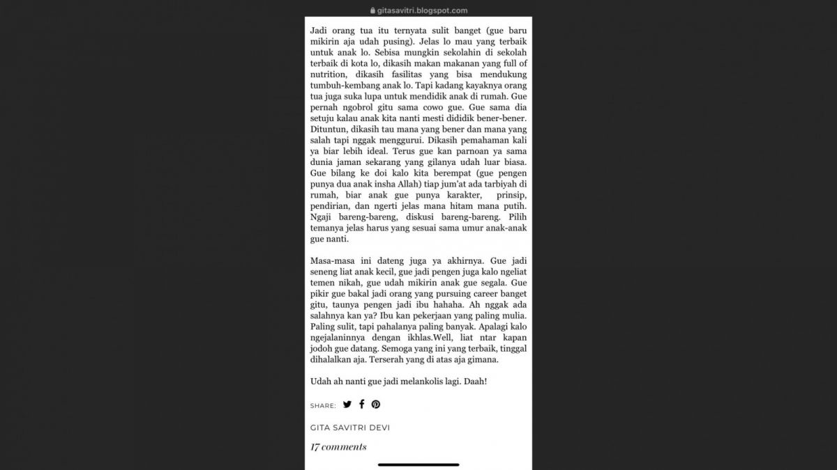 Tulisan Gitasav di blog pribadinya beberapa tahun silam. [Twitter @dinakartikasari]