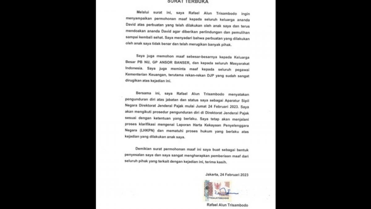 Surat Pengunduran diri Rafael Alun Trisambodo [Twitter @murtadhaOne1]