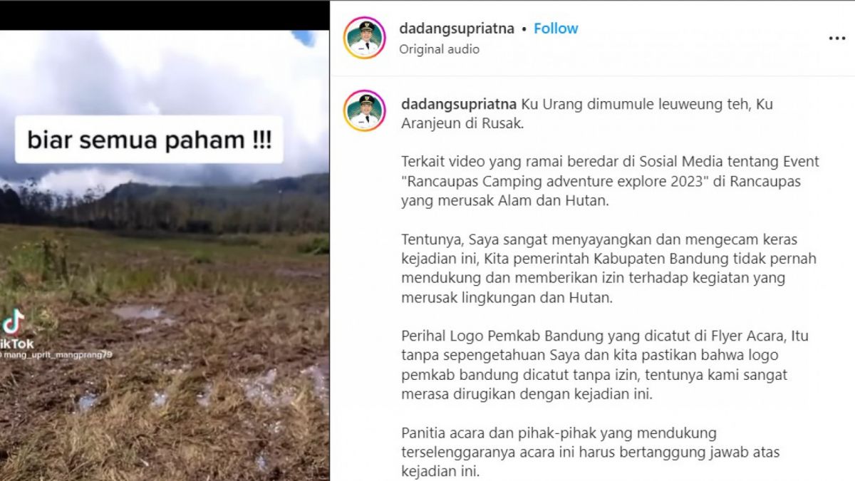 Tangkap layar Instagram Bupati Bandung, Dadang Supriatna yang marah dengan kerusakan di Rancaupas. [instagram.com/dadangsupriatna]