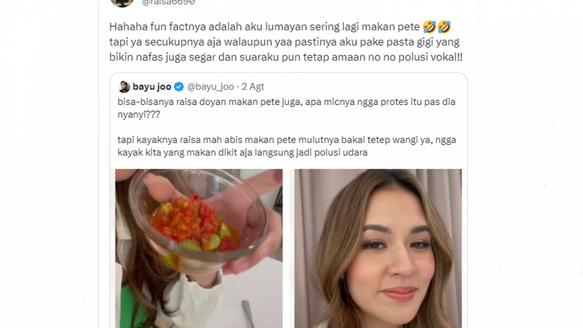 Percakapan antara Raisa dan Bayu Joo yang mengungkap jika ternyata Raisa doyan makan pete dan pakai pasta gigi yang membuat nafas Raisa segar. (Screenshot/Twitter) [Twitter/ @raisa6690]