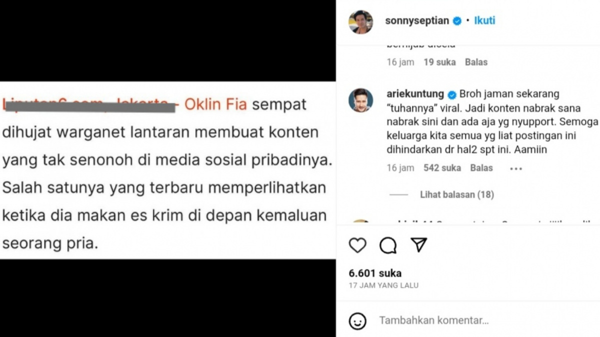 Sonny Septian dan Arie Untung soroti konten Oklin Fia [Instagram/ @sonnyseptian]
