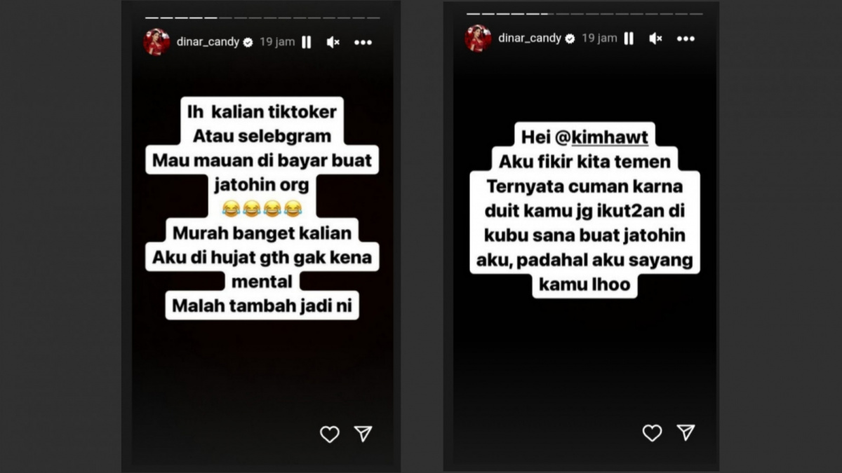Pesan misterius Dinar Candy untuk Kim Hawt [Instagram/ @dinar_candy]